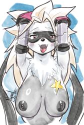 absurdres anthro armpits artist_name bandai_namco breasts dark_nipples digimon digimon_beatbreak furry furry_female grey_fur grey_hair large_breasts mask nanaeljustice nipples red_eyes simple_background star tongue_out wolvermon