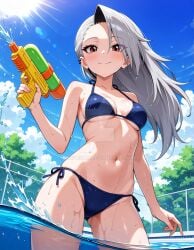 2025 ai_generated belly black_dot_eyes black_eyebrows blue_bikini blushing_at_viewer deviantart elryusam female_only helluva_boss holding_gun holding_pistol human_loona human_only looking_at_viewer loona_(helluva_boss) pool_background red_blush red_eyes_female smile_at_viewer smiling_at_viewer teenage_girl tummy vivziepop water_gun water_pistol wet_bikini wet_body wet_hair wet_head white_hair_female youtube