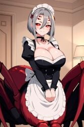 ai_generated arachne arthropod_girl big_breasts breasts compound_eyes gray_hair maid maid_headdress multi_eye original_character red_eyes spider_girl