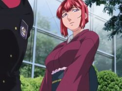 00s 1boy 1girls 2007 animated anime_screenshot bible_black bible_black_new_testament breasts female formal_clothes green_house kimono large_breasts long_sleeves mature_female purple_eyes red_hair shin_bible_black short_hair smile suit tagme takashiro_hiroko tree yuge_toru yukata