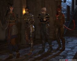 3d 4girls baldur's_gate_3 bondage clothed_bondage coffle dark_elf elf elf_female female female_only full_body fully_clothed fully_clothed_female gagged githyanki green-skinned_female green_skin karlach lae'zel minthara multiple_girls red-skinned_female red_skin rendereddefenseless shadowheart tiefling