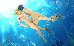 abs ass bara barefoot black_hair black_monkey blackmonkey_pro blonde_hair bubbles closed_eyes cum dark_hair erection feet fish from_behind frottage gay goggles hairless in_water jellyfish kissing male male_only muscles necklace nipples nude open_eyes open_mouth pecs penis precum swim tan testicles uncensored underwater water yaoi yellow_hair