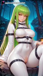 1girls 2025 ai_assisted ai_generated anime arm_support artist_name bangs bare_tree breasts bust c.c. code_geass code_geass:oz_the_reflection explicit forest green_hair hi_res high_quality high_resolution highres long_hair looking_at_viewer nature night patreon patreon_username potted_plant sidelocks sitting skindentation skypassion solo stable_diffusion watermark white_bodysuit yellow_eyes
