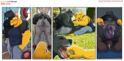 5_fingers 5_toes absurd_res all_fours anal anal_fluids anal_juice_on_dildo anal_orgasm anal_sex anthro anus ass barefoot bodily_fluids bottomless bottomless_anthro bottomless_male bottomwear bulge canid canine canis clothed clothing comic connor_(maychin) controller cum cum_while_penetrated digital_media_(artwork) dildo dildo_in_ass dildo_insertion dildo_vibrator domestic_dog duo eating ejaculation feet fingers food footwear fruit fur genital_fluids genitals gregor_(maychin) hair hair_over_eye hands-free hi_res hidden_sex_toy holding_controller holding_food holding_fruit holding_object holding_remote_control humanoid_feet humanoid_genitalia humanoid_penis internal internal_anal male male/male mammal maychin muscular muscular_anthro muscular_male object_in_ass open_mouth orgasm pants park penetration penis pit_bull plant plantigrade remote_control remote_controlled_vibrator saliva saliva_string sex_toy sex_toy_in_ass sex_toy_insertion shirt shoes sitting smile soles sweat sweatdrop toes topwear vibrator