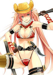 1girls bikini female female_only green_eyes hair hat headgear kagura_(oneechanbara) knife long_hair oneechanbara pink_hair solo sword very_long_hair weapon