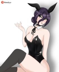 1girl bare_shoulders black_hair blush breasts bunny_ears bunnysuit chainsaw_man chocker cleavage green_eyes hair_between_eyes hair_bun hanalyyr looking_at_viewer medium_breasts medium_hair patreon patreon_logo patreon_username rabbit_ears reze_(chainsaw_man) ribbon simple_background solo thighhighs thighs white_background
