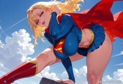 ai_generated balecxi bent_over blonde_hair blue_eyes blue_skirt boots cloud crop_top dc dc_comics female kara_zor-el large_breasts long_hair long_sleeves looking_at_viewer midriff red_cape sky solo supergirl supergirl_(series) superman_(series) thighs