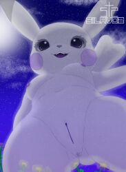 anthro anus breasts female generation_1_pokemon genitals ghost hi_res innie_vulva looking_at_viewer looking_down low-angle_view mammal navel night nintendo nippel nude nude_anthro open_mouth peakychu pikachu plant pokemon pokemon_(species) pokemorph pokopia purple_eyes pussy rodent silavos sky smile solo spirit spreading star teeth translucent usuchu vulva watermark white_body