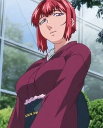 00s 1girls 2007 animated anime_screenshot bible_black bible_black_new_testament breasts female green_house kimono large_breasts long_sleeves mature_female purple_eyes red_hair shin_bible_black short_hair smile tagme takashiro_hiroko tree yukata