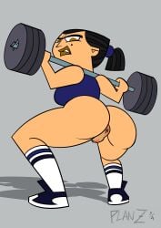 anus ass athletic athletic_female black_hair bottomless bubble_butt busty dumbbell eva_(tdi) female female_focus female_only hourglass_figure labia long_hair planz34 ponytail pussy rear_view sideboob sneakers socks sports_bra sportswear squatting tagme thick_eyebrows total_drama_island vagina wide_hips