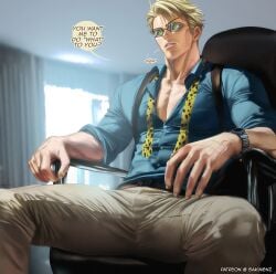 1boy blonde_hair blonde_hair_male blonde_male english_text jujutsu_kaisen kento_nanami male_only muscular muscular_male sakimichan sitting sitting_on_chair solo solo_male text unbuttoned unbuttoned_shirt veiny_hands