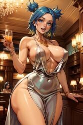ai_generated areola_slip blue_eyes blue_hair cleavage dress drink exposed_torso female female_only filipino_female hourglass_figure impossible_clothes jewelry muscular_female neon_(valorant) nipple_bulge party silver_dress solo_focus taut_dress valorant vertiloart