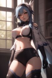 1girls ai_generated big_breasts blue_hair blush bra breasts eula_(genshin_impact) female genshin_impact gloves hair_ornament hairband kirill782 navel nipples nipples_visible_through_clothing panties solo stable_diffusion