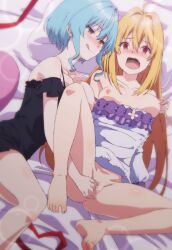 2girls :q ahoge ass barefoot black_camisole blonde_hair blue_hair blush bottomless breasts camisole censored censored_pussy commentary commission dress english_commentary feet fingering fingering_partner hair_down hair_ribbon half-closed_eyes highres hikikomari_kyuuketsuki_no_monmon jamesmikopi long_sleeves looking_at_another lying medium_breasts mosaic_censoring multiple_girls nipple_tweak on_back on_bed open_mouth purple_dress pussy red_eyes red_ribbon ribbon saliva saliva_trail terakomari_gandezblood toes tongue tongue_out vaginal_penetration villhaze youjo yuri