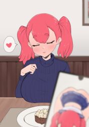 1boy 1girls ass blowjob blue_sweater blurry blush breasts cellphone closed_eyes clothes_lift deepthroat fellatio female food fringe haruka_(whomperfruit) heart huge_breasts implied_deepthroat implied_oral implied_sex juxtaposition large_breasts oral original original_character petite phone photo_comparison pink_hair plate recorded red_hair ribbed_sweater ruined_reputation school_uniform schoolgirl skirt smartphone smile solo spoken_heart sweater table teenager turtleneck turtleneck_sweater twintails whomperfruit young