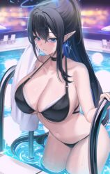 1girls alternate_costume bare_arms bare_legs bare_shoulders big_breasts bikini black_bikini black_choker black_hair black_swimsuit blue_archive blue_eyes blue_hair blue_halo blurry blurry_background blush blush blush_lines blushing_at_viewer breasts choker cleavage collarbone colored_inner_hair cowboy_shot earrings eyebrows_visible_through_hair eyewear_removed general_student_council_(blue_archive) giga-tera glasses_removed hair_between_eyes halo highres huge_breasts jewelry large_breasts light-skinned_female light_skin looking_at_viewer mole multicolored_hair navel no_eyewear no_glasses o-ring open_mouth outdoors partially_submerged pointy_ears ponytail pool poolside rin_(blue_archive) sideboob solo string_bikini swimsuit towel very_long_hair waddling_head water wet white_towel