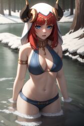 1girls ai_generated big_breasts blush bra breasts female genshin_impact horns kirill782 long_hair looking_at_viewer navel nilou_(genshin_impact) panties red_hair river snow solo stable_diffusion