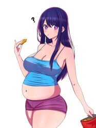 1girls bellywg big_belly big_breasts bloated_belly blush booty_shorts casual chubby cleavage clothed clothing confusion cookie crumbs early_pregnancy eating fat feederism female female_only hoshino_ai hotpants idol long_hair love_handles muffin_top navel oshi_no_ko plump possibly_pregnant potbelly pregnancy_cravings pregnant purple_eyes purple_hair shorts tank_top thick_thighs thunder_thighs tight_clothing tubby weight_gain