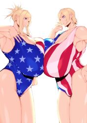 2girls american_flag american_flag_swimsuit big_breasts blonde_hair blue_eyes breasts busty curvaceous curvy curvy_body curvy_female curvy_figure female huge_breasts large_breasts multiple_girls original original_characters pobotto swimsuit voluptuous