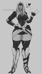 1girls 2023 2_toes 2d 2d_(artwork) 3_fingers alien alien_girl big_thighs bottom_heavy breasts busty clothing female female_focus female_only fully_clothed hand_on_hip heart hi_res highres hips hourglass_figure large_thighs long_legs looking_at_viewer mass_effect medium_breasts monochrome quarian runawaystride slim_waist solo solo_female solo_focus tali'zorah_nar_rayya thick_thighs thigh_gap thighs voluptuous waving_at_viewer wide_hips