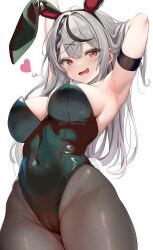 1girls armpits black_hair black_leotard black_pantyhose blush breasts cleavage covered_navel fake_animal_ears grey_hair hololive hololive_japan holox large_breasts long_hair looking_at_viewer multicolored_hair nekonosuke open_mouth rabbit_ears red_eyes sakamata_chloe sideboob skin_fang solo strapless_leotard virtual_youtuber x_hair_ornament