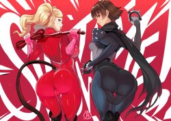 2girls absurd_res ann_takamaki arms_behind_back ass black_scarf blonde_hair blue_eyes braid brass_knuckles breasts brown_hair cameltoe catsuit clothing cropped_legs crown_braid female from_behind full_body gloves hi_res highres huge_ass human makoto_niijima medium_breasts multiple_girls over_shoulder pale_skin persona persona_5 phantom_thief_suit pink_gloves png red_background red_eyes revolverwing revolverwingstudios scarf short_hair shoulder_spikes skin_tight spikes tongue tongue_out twintails weapon weapon_over_shoulder whip