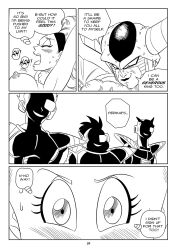 1boy 1girls afro big_breasts black_and_white blush breasts bulma_(afro) bulma_briefs comic dragon_ball dragon_ball_super dragon_ball_z funsexydragonball king_cold monochrome nipples page_19 sweatdrop