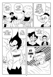 1girls 3boys afro ass big_ass black_and_white bulma_(afro) bulma_briefs dragon_ball dragon_ball_super dragon_ball_z funsexydragonball monochrome page_2 piccolo pointy_ears sweatdrop vegeta yamcha