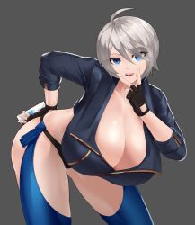 1girls absurdres ahoge alternate_breast_size angel_(kof) bent_over black_gloves blue_eyes boots bra breasts cellphone chaps crop_top cropped_jacket female female_focus female_only fingerless_gloves gloves grey_background hair_over_one_eye highres holding holding_phone huge_breasts jacket king_of_fighters king_of_fighters_2001 king_of_fighters_all-stars king_of_fighters_xiv latina leather leather_jacket looking_at_viewer mexican_female navel phone pockyland pose posing_for_the_viewer redrawn revision smartphone smile snk solo solo_female solo_focus strapless strapless_bra toned underwear white_hair