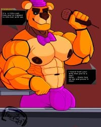 1boy animatronic anthro bear big_pecs bulge bulge_through_clothing dialogue english_text five_nights_at_freddy's fnaf fred7298nsfw fredbear_(fnaf) furry furry_only gay hat humanoid inviting inviting_to_sex looking_at_viewer male male_only muscular muscular_male nipples pecs robot text yellow_body