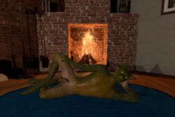 1boy 3d animated anthro balls blackxeno_(artist) dragon fire fireplace green_scales indoors looking_at_viewer lying male male_only nude on_floor on_side penis rug scales scalie seductive solo