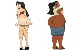 2girls ass big_ass black_hair bubble_butt crop_top curvaceous curvy dark-skinned_female dark_skin female female_only heather_(tdi) huge_ass leshawna_(tdi) light-skinned_female light_skin long_hair looking_at_viewer looking_back loose_hair middle_finger mooning multiple_girls pants_down ponytail rear_view sandals short_shorts shorts t-shirt tagme tank_top total_drama_(series) total_drama_island vlado voluptuous_female wide_hips