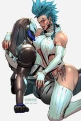 1girls 2d 2d_(artwork) ass blizzard_entertainment blue_hair braid braided_hair choker earrings facepaint junker_queen light-skinned_female light_skin lip_piercing looking_at_viewer muscular muscular_female overwatch overwatch_2 painted_nails piercing ramattra randgris red_eyes robot sitting_on_lap sitting_on_person sweater toned toned_female virgin_destroyer_sweater virgin_killer_sweater wide_hips