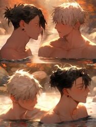 2boys ai_generated asian_male black_hair color deltapork earrings jujutsu_kaisen looking_at_partner love male/male muscular_male nude satoru_gojo soft suguru_geto termal_water white_hair yaoi