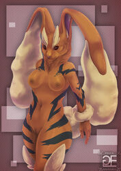 abstract_background anthro anthrofied arcanine breasts female fur goldenemotions hi_res hybrid looking_at_viewer lopunny neck_tuft nintendo nipples nude pokemon pokemon_(species) pussy red_eyes smile solo stripes tuft video_games watermark wide_hips