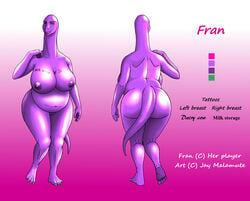 anthro apatosaurus ass big_breasts breasts dinosaur female fran jay_malamute looking_at_viewer model_sheet nude purple_skin sauropod slightly_chubby solo tattoo voluptuous