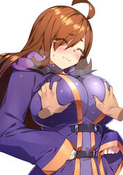 1girls blush breast_grab breasts brown_hair closed_eyes clothed disembodied_hand female groping huge_breasts kono_subarashii_sekai_ni_shukufuku_wo! long_hair robe sela_god wiz_(konosuba)