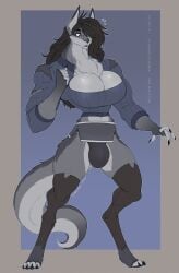 alternate_species anthro big_breasts black_hair breasts bulge canid canine clothed clothing eyewear fully_clothed fur futa_only futanari glasses grey_body grey_fur gynomorph hair hi_res intersex legwear mammal marie_(wmdiscovery93) small_waist stockings torn_clothing were werecanid werecanine werewolf wmdiscovery93