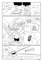 1boy black_and_white comic dragon_ball end_page flying funsexydragonball future_trunks monochrome page_23 sword