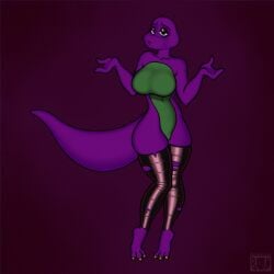 3_toes anthro barney_and_friends barney_the_dinosaur bottledneon dinosaur featureless_breasts female female_focus female_only footless_stockings leather leg_sleeves legwear meme mitten_hands purple_skin reptile rule_63 tail torn_legwear two_tone_body