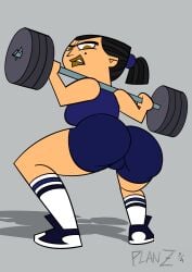 anus ass athletic athletic_female black_hair bubble_butt busty dumbbell eva_(tdi) female female_focus female_only hourglass_figure long_hair planz34 ponytail rear_view sideboob sneakers socks sports_bra sportswear squatting tagme thick_eyebrows total_drama_island wide_hips