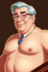 ai_generated bara bara_tits bare_chest belly chubby glasses gordon_the_organist grey_hair looking_at_viewer male male_only mature_male necktie nipples older_male smile smirk suggestive