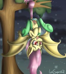 2016 absurd_res bat_pony clothing fangs female feral flutterbat_(mlp) fluttershy_(mlp) friendship_is_magic hair hi_res legwear long_hair lord_superstar my_little_pony outside socks solo tree wings