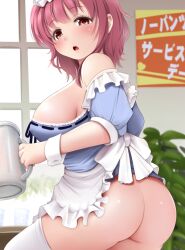 apron ass big_breasts big_butt breasts butt cup from_behind holding huge_butt indoors kozue_akari large_breasts large_butt looking_at_viewer looking_back mug no_panties pink_eyes pink_hair plant puffy_short_sleeves puffy_sleeves short_hair short_sleeves solo tareme thighhighs touhou waist_apron white_thighhighs window wrist_cuffs yuyuko_saigyouji