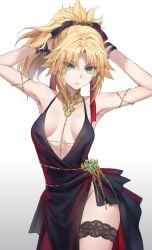 1girls black_dress black_hair_ribbon blonde_hair bracelets chain_jewelry cocktail_dress dress fate/apocrypha fate/grand_order fate_(series) female female_only green_eyes human leg_garter medium_breasts metal_choker mordred_(fate) skinny small_breasts solo tonee waist_chain