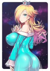 1girls ass blonde blonde_hair blue_eyes bodysuit breasts crown earrings female female_only human large_breasts long_hair mario_(series) nagase_haruhito nintendo princess_rosalina see-through solo solo_female standing super_mario_galaxy tight_clothing