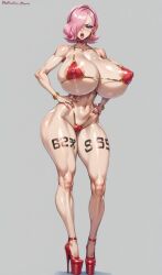 1girls ai_generated areola_slip bikini bimbo bimbo_body bimbo_lips bimbofication bimbofied body_writing breasts breasts_bigger_than_head covered_nipples female female_only heels high_heels lips lipstick one_piece otace pink_hair platform_heels solo vinsmoke_reiju