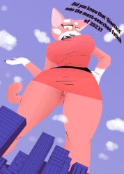 2d_(artwork) big_breasts breasts cat city clothed clothing dialogue digital_drawing_(artwork) digital_media_(artwork) domestic_cat dress erect_nipples felid feline felis female genitals gesture giant giantess large_breasts looking_at_viewer looking_down looking_down_at_viewer macro mammal mikesmike nipples no_underwear partially_clothed paws pussy shima_luan shima_prime sky smug_face solo solo_focus super_planet_dolan tail thick_thighs uncensored vagina wide_hips