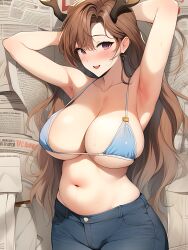 ai_generated armpits big_breasts bikini brown_hair curvy deer_girl female female_only jeans rudolph