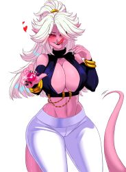 1girls android_21 big_penis cleavage dragon_ball dragon_ball_fighterz dragon_ball_z female female_only kiwiartsu long_hair looking_at_viewer looking_back navel pink_body pink_skin ponytail red_eyes solo solo_female solo_focus thick_thighs thighs tongue tongue_out white_hair wide_hips